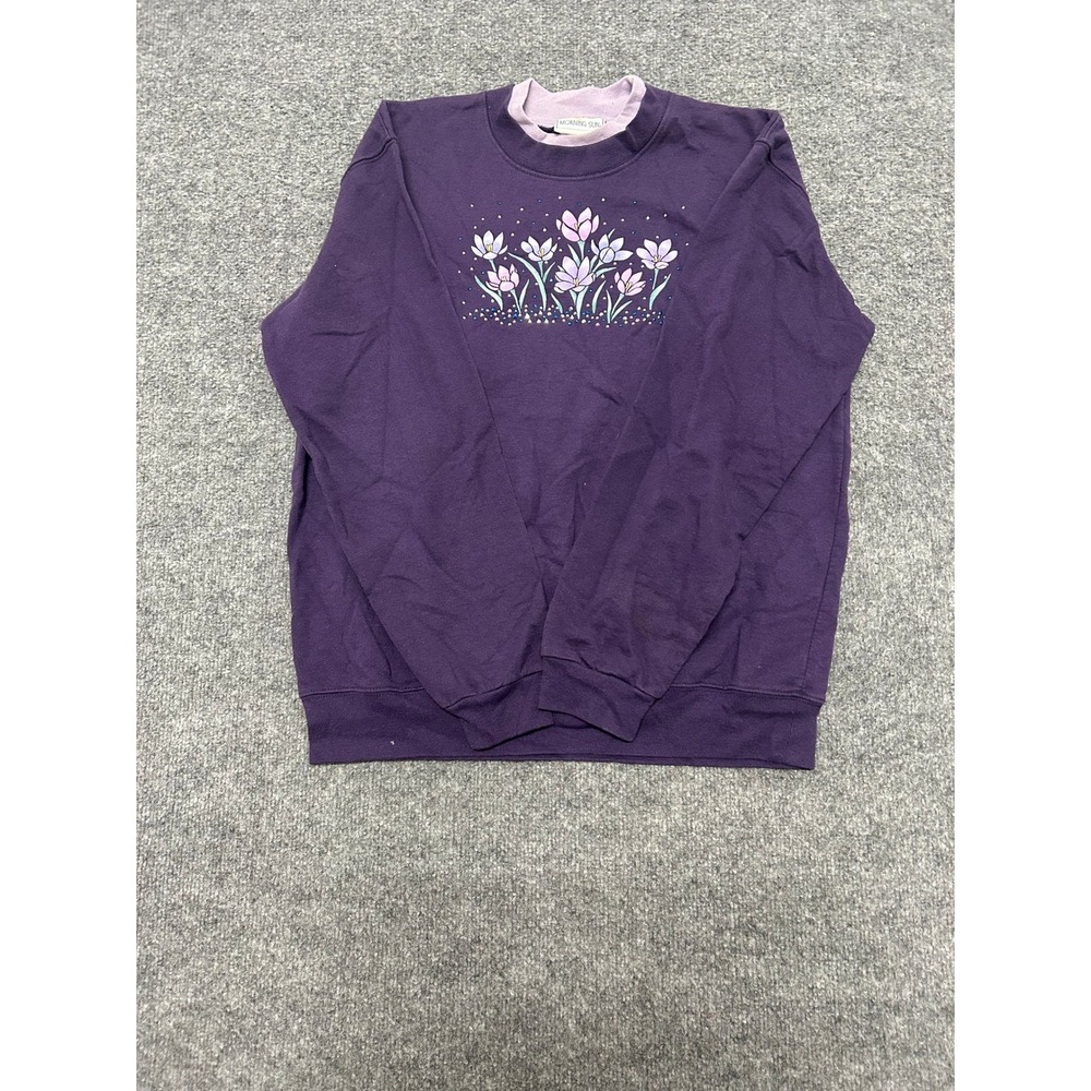 Morning Sun Sweatshirt Womens Size Medium Purple Floral Rhinestone Double Collar